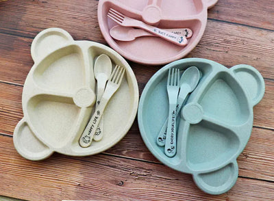 Baby Bowl Spoon  Fork Feeding Food Tableware Cartoon Panda Kids Dishes Baby Eating Dinnerware Set Anti-hot Training Bowl Spoon Rukku Store