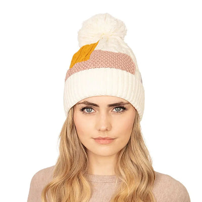 Color Block Pom Pom Beanie - Ivory Mauve Jasper