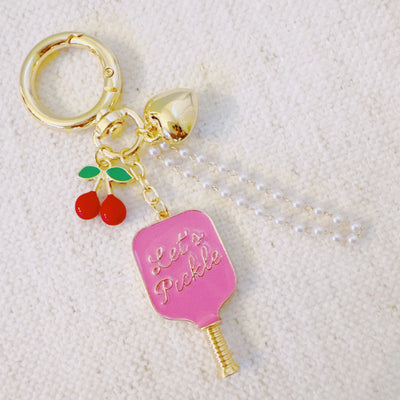 Pickleball Cherry Bag Charm – Sweet Sporty Accessory with Paddle and Fuchsia Hercules