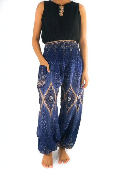 Blue PEACOCK Eye Women Boho Pants Hippie Pants Tan Smokey