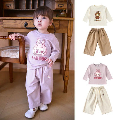 Spring and Autumn Baby Kids Cartoon Pattern Long Sleeves Top and Pants Chocolate Lily